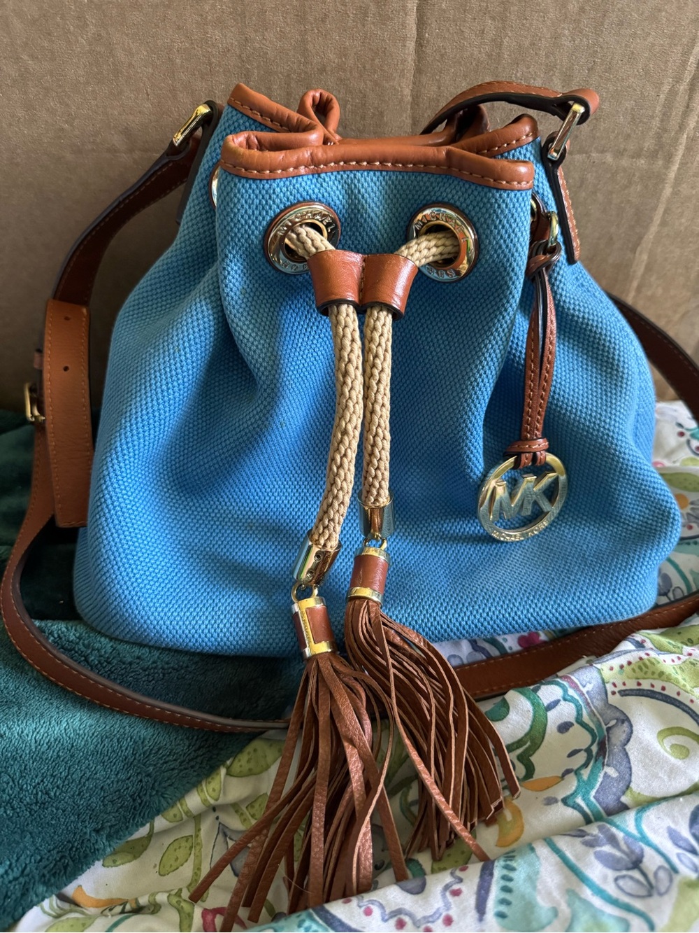 Michael Kors Turquoise Canvas Bucket Bag with Brown Leather Trim